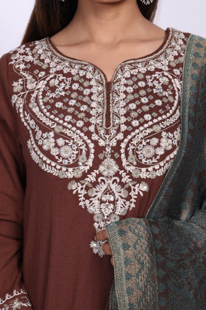 Maroon Sequins Rayon Blend A-Line Kurta with Straight Pant and Shawl Set