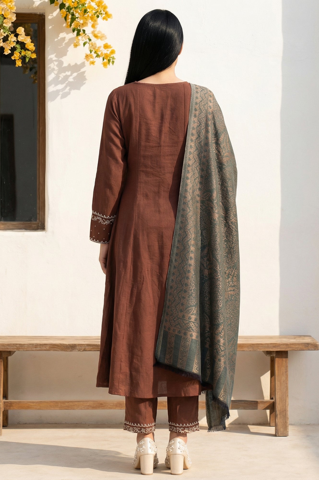 Maroon Sequins Rayon Blend A-Line Kurta with Straight Pant and Shawl Set