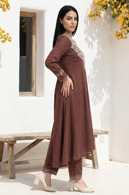 Maroon Sequins Rayon Blend A-Line Kurta with Straight Pant and Shawl Set