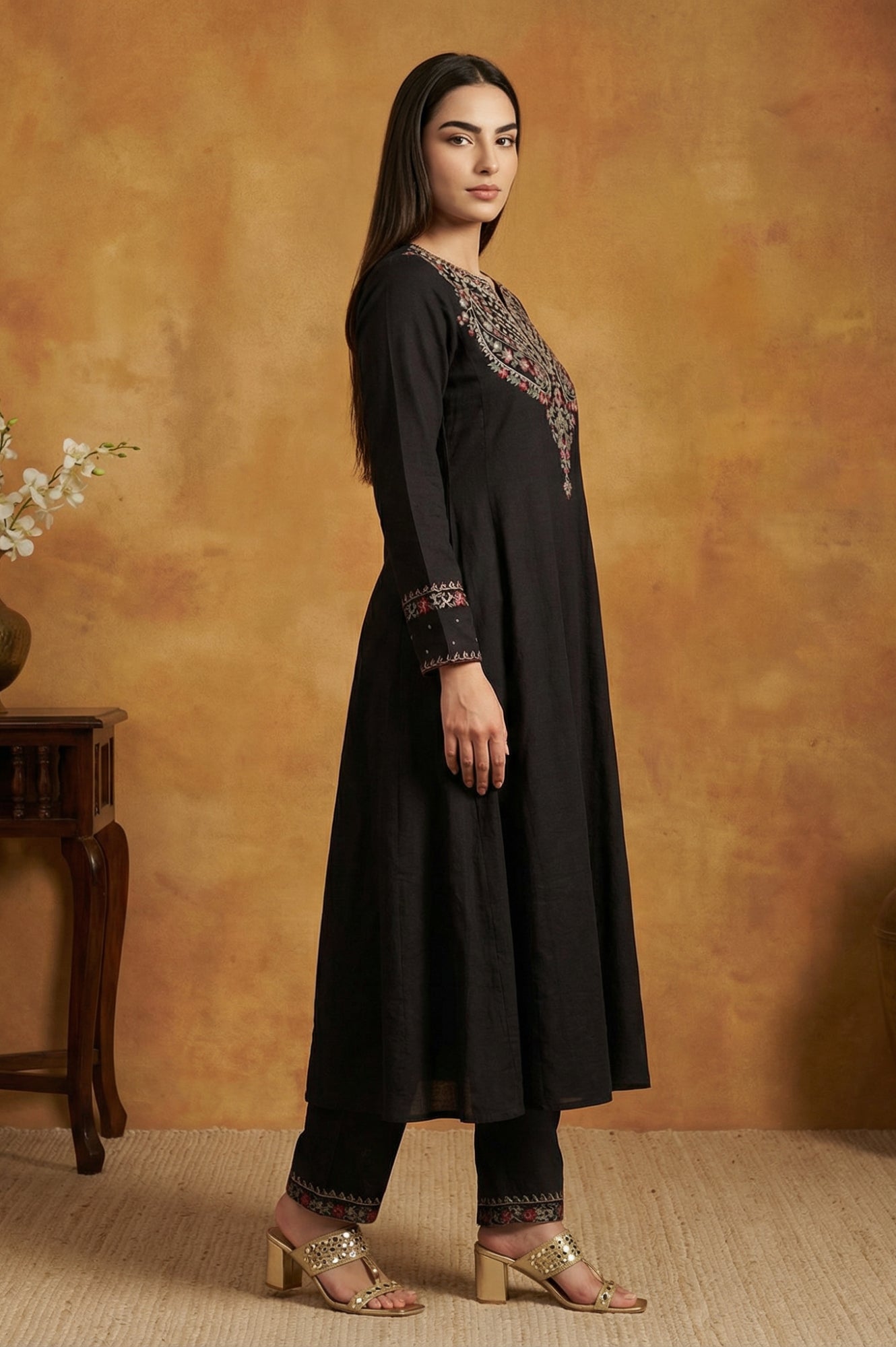 Black Solid Rayon Blend Straight Kurta with Straight Pant and Shawl Set