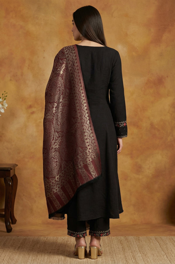 Black Solid Rayon Blend Straight Kurta with Straight Pant and Shawl Set