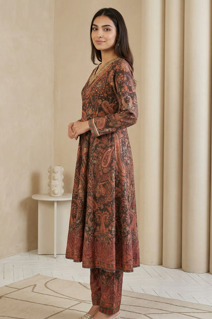 Coffee Brown Paisley Printed Thread Embroidered Velvet A-line Winter Kurta with Straight Pants and Dupatta Set