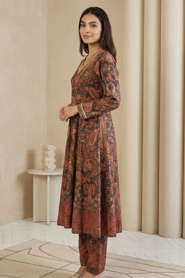Coffee Brown Paisley Printed Thread Embroidered Velvet A-line Winter Kurta with Straight Pants and Dupatta Set