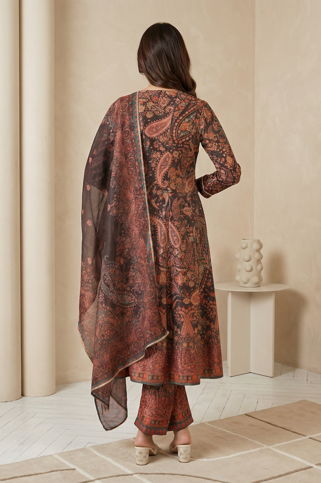 Coffee Brown Paisley Printed Thread Embroidered Velvet A-line Winter Kurta with Straight Pants and Dupatta Set