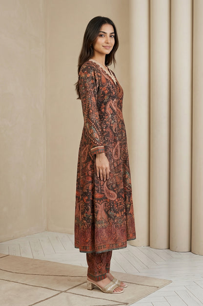 Coffee Brown Paisley Printed Thread Embroidered Velvet A-line Winter Kurta with Straight Pants and Dupatta Set