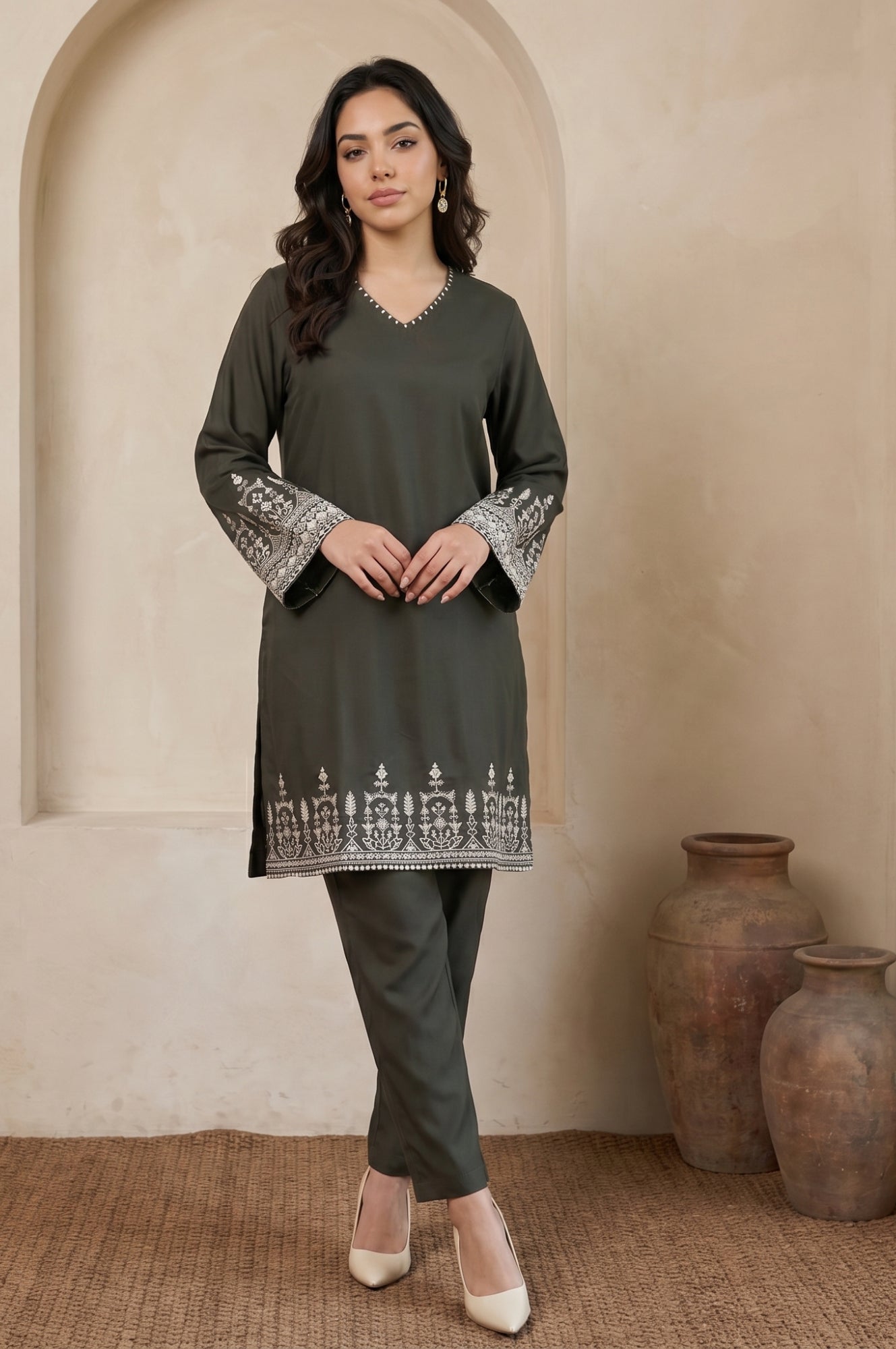 Olive Green Thread Embroidered Straight Winter Kurta and Pants Co-ord Set