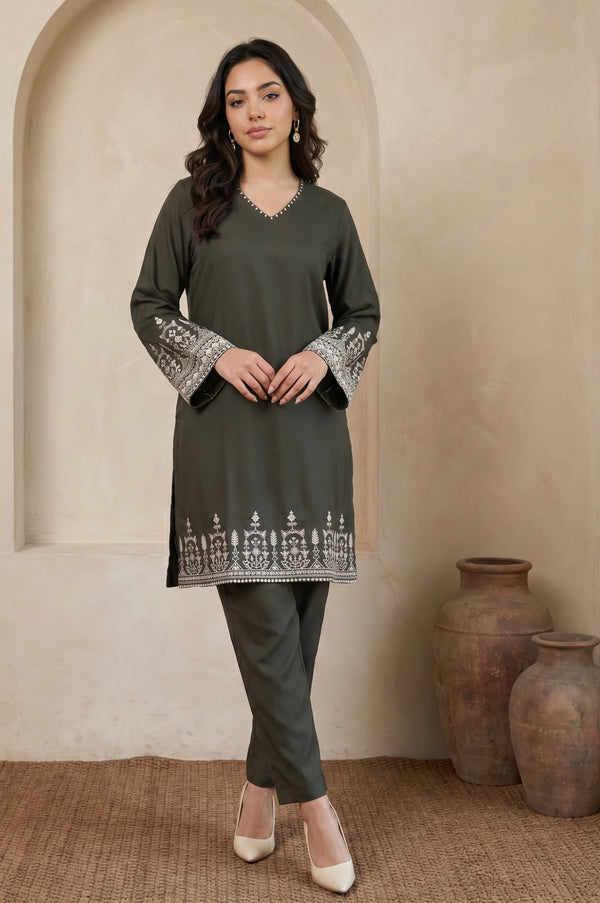Olive Green Thread Embroidered Straight Winter Kurta and Pants Co-ord Set
