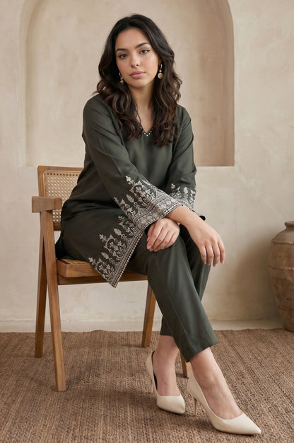 Olive Green Thread Embroidered Straight Winter Kurta and Pants Co-ord Set