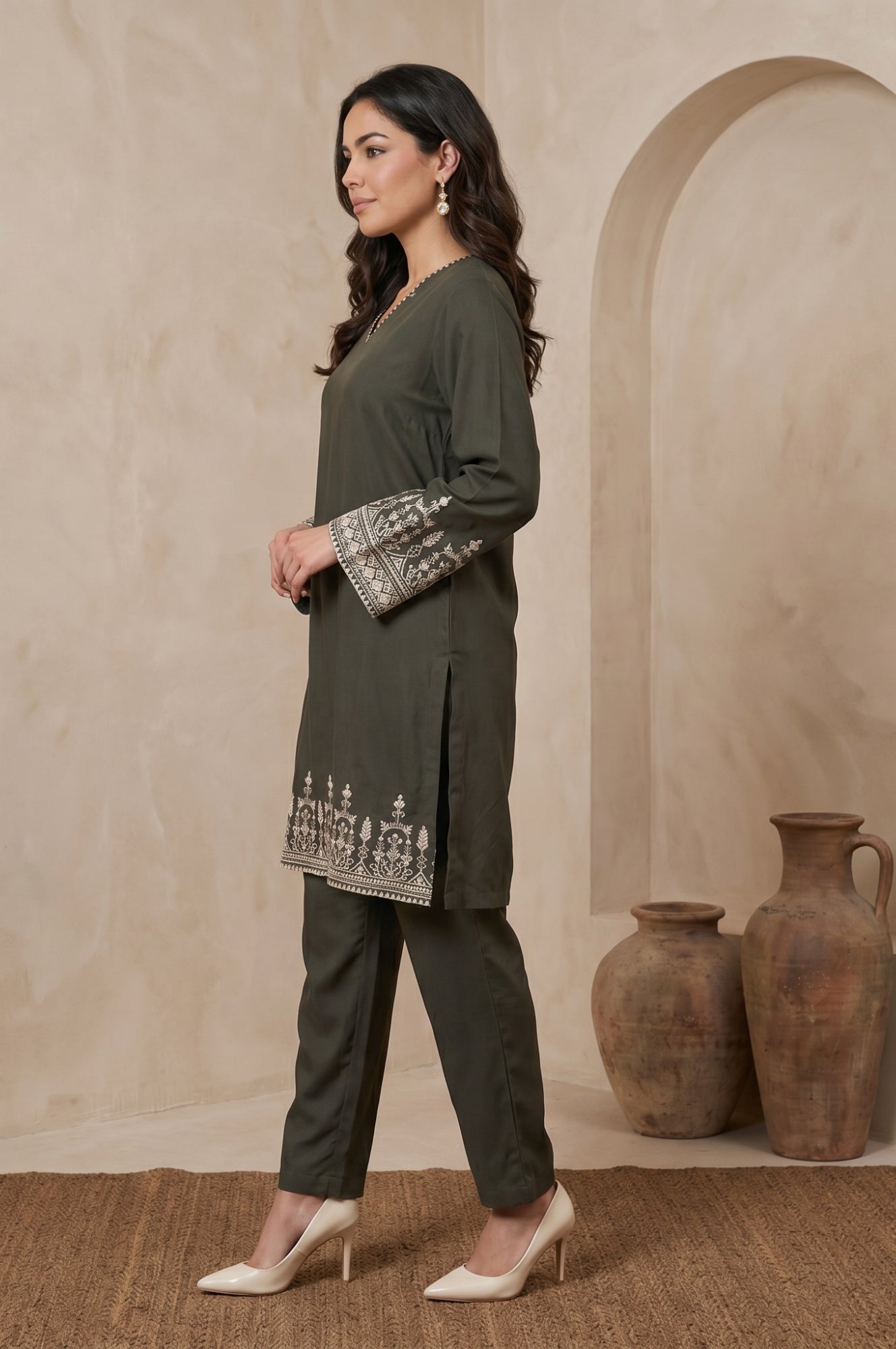 Olive Green Thread Embroidered Straight Winter Kurta and Pants Co-ord Set