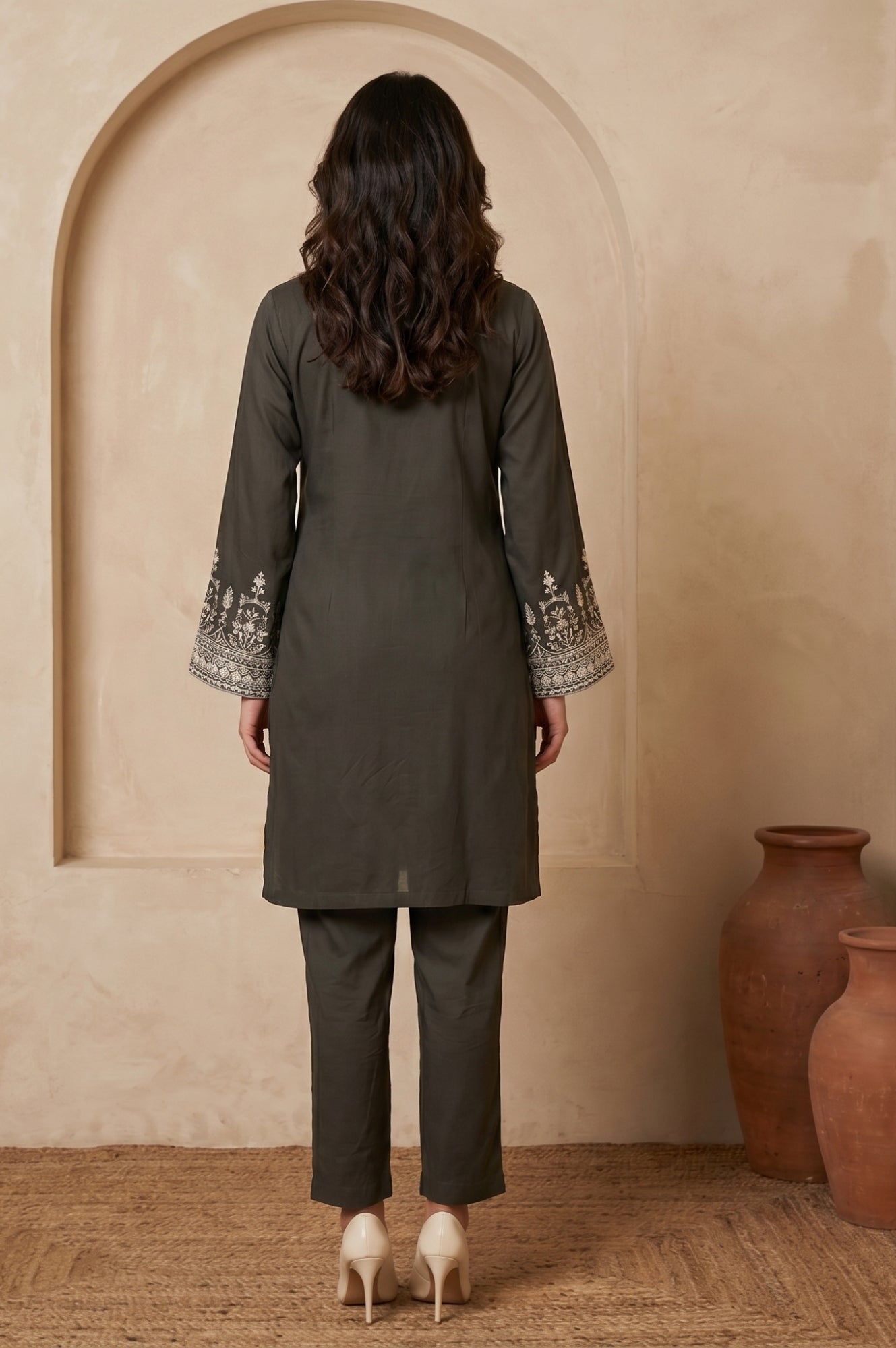 Olive Green Thread Embroidered Straight Winter Kurta and Pants Co-ord Set