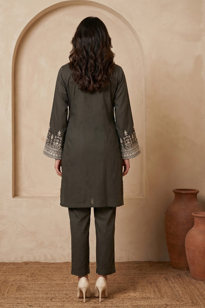 Olive Green Thread Embroidered Straight Winter Kurta and Pants Co-ord Set