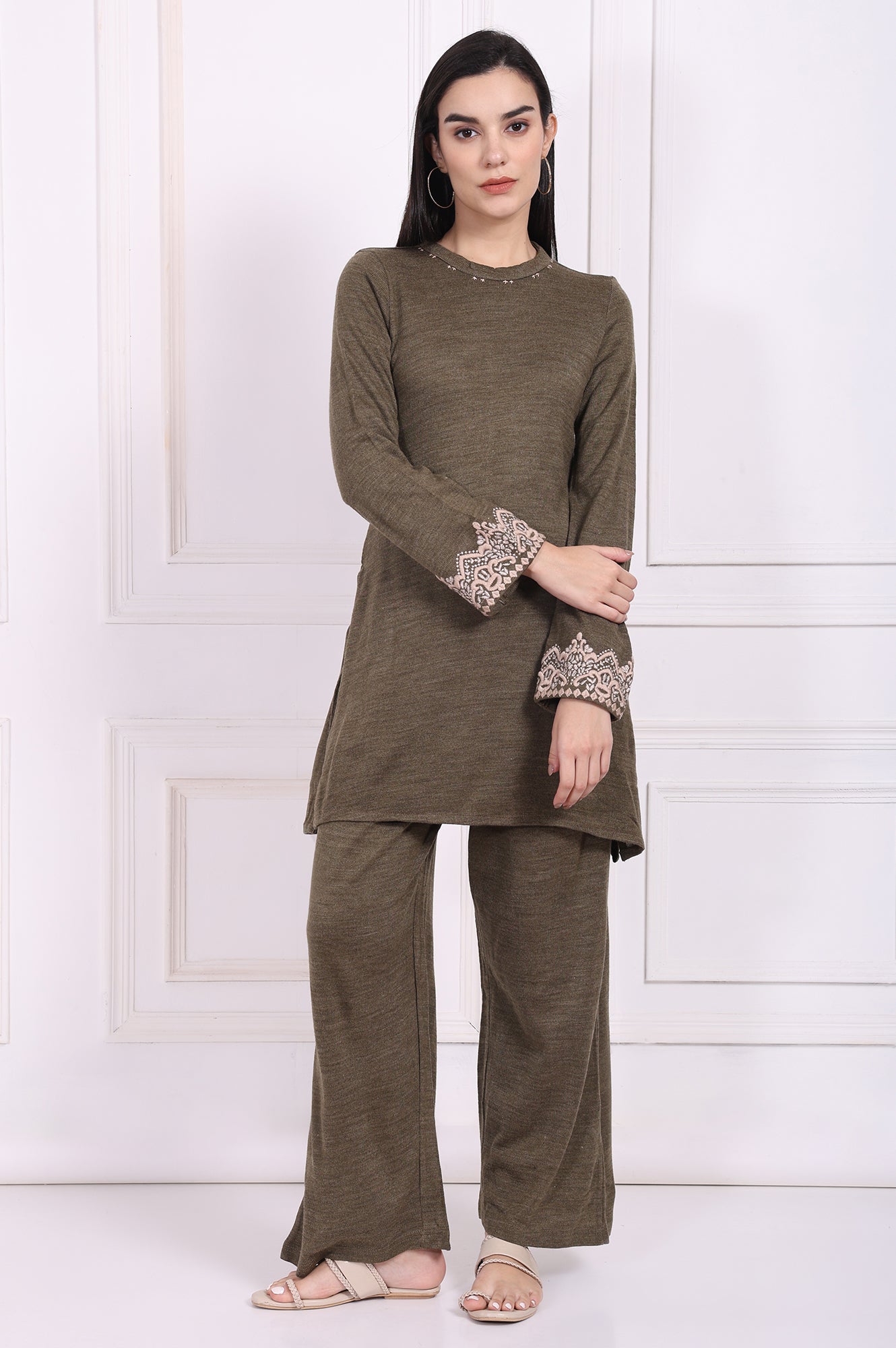 Olive Embroidered Straight Acrylic Kurta with Parallel Pant Set