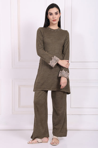 Olive Embroidered Straight Acrylic Kurta with Parallel Pant Set