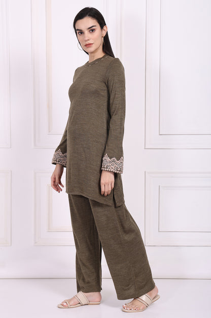 Olive Embroidered Straight Acrylic Kurta with Parallel Pant Set