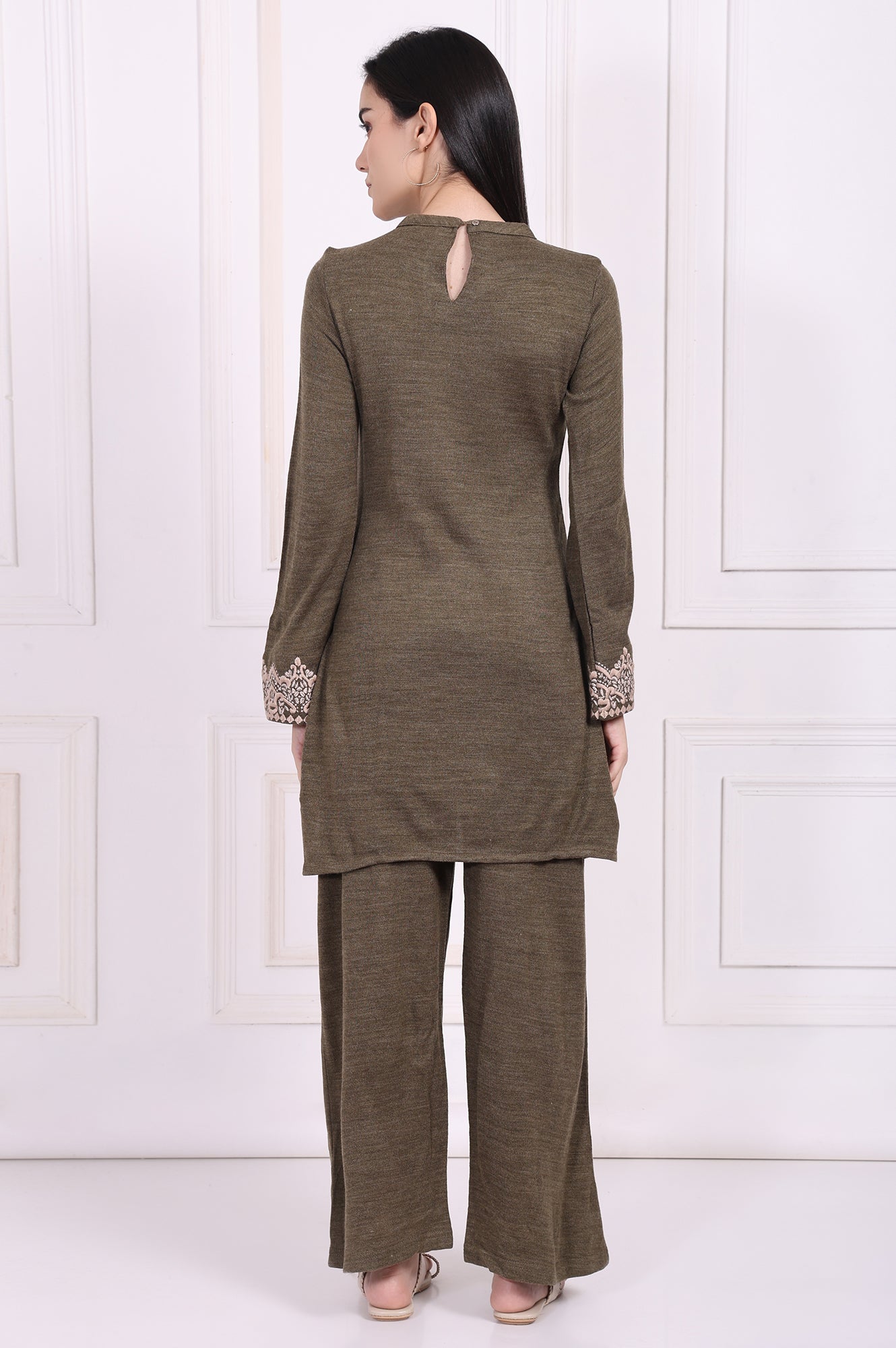 Olive Embroidered Straight Acrylic Kurta with Parallel Pant Set
