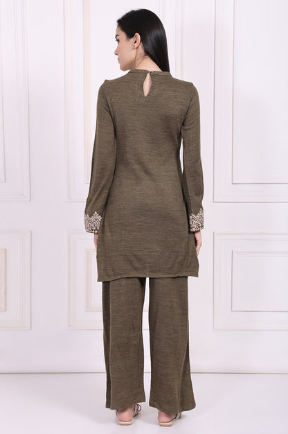 Olive Embroidered Straight Acrylic Kurta with Parallel Pant Set