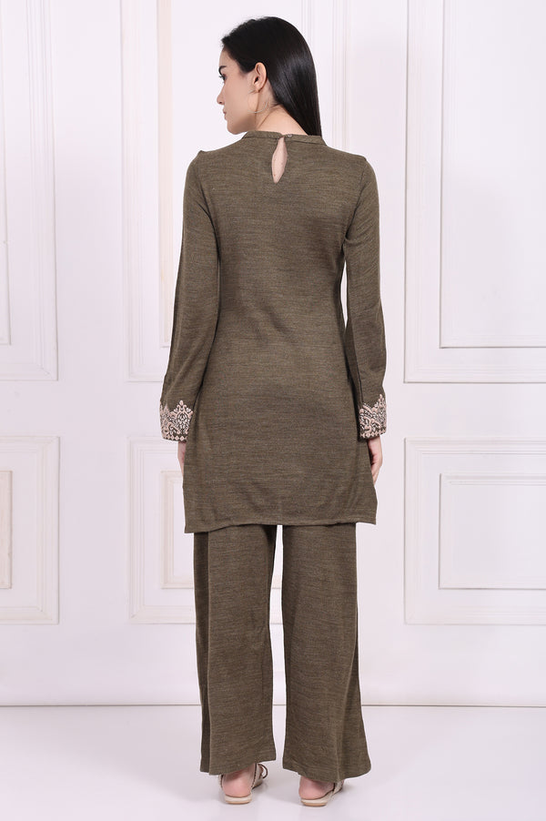 Olive Embroidered Straight Acrylic Kurta with Parallel Pant Set