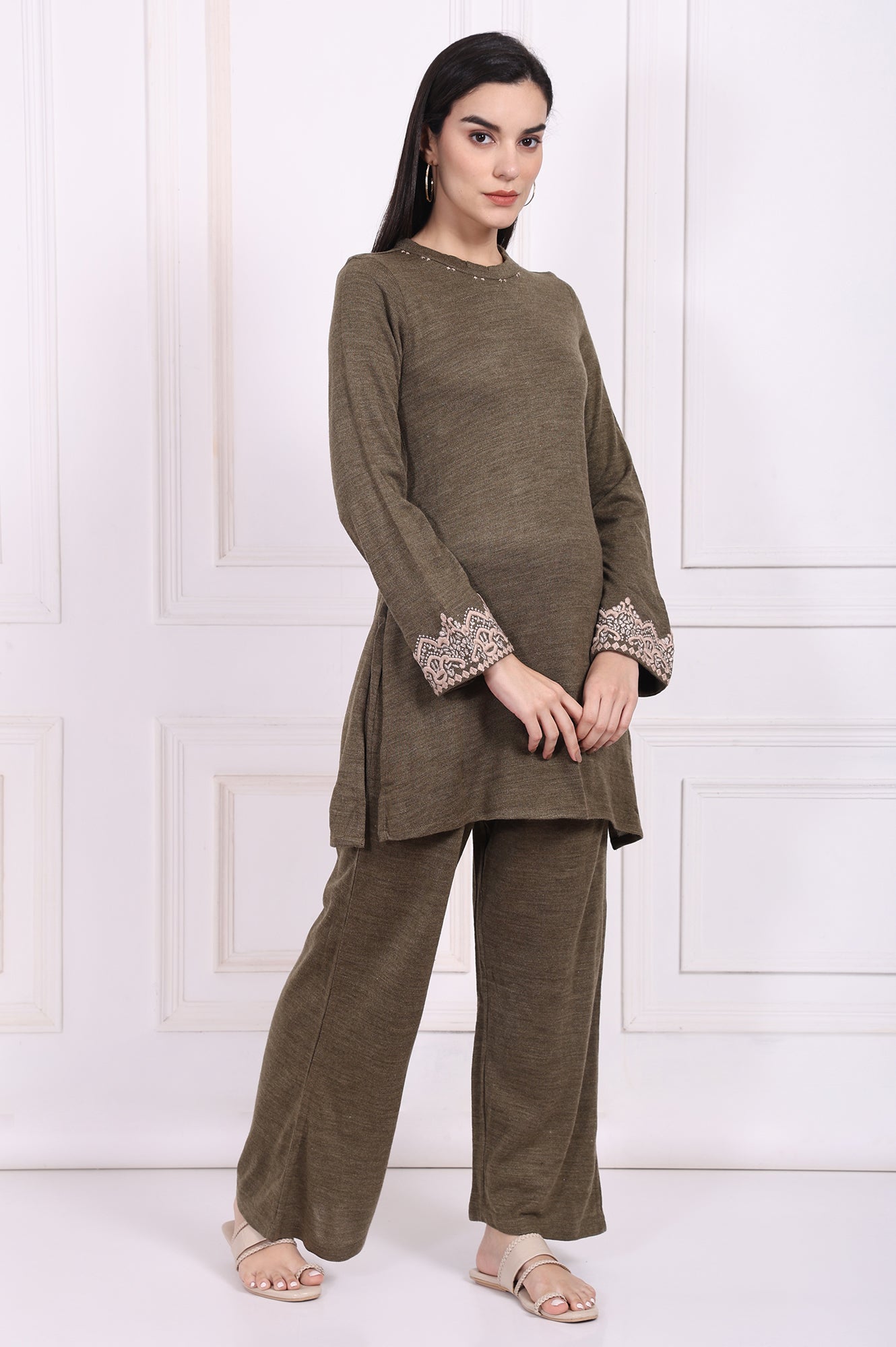 Olive Embroidered Straight Acrylic Kurta with Parallel Pant Set
