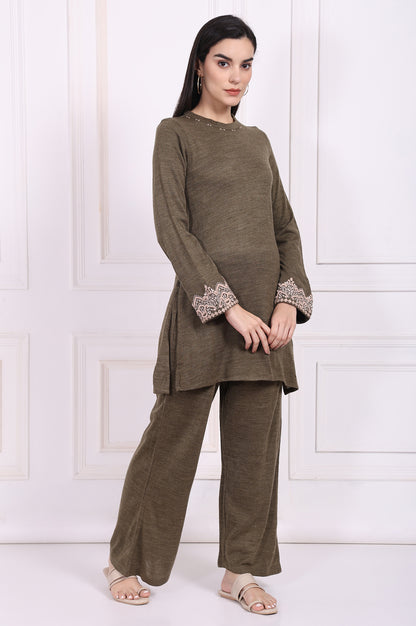 Olive Embroidered Straight Acrylic Kurta with Parallel Pant Set