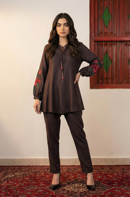 Brown Thread Embroidered Straight Winter Kurta with Pants Co-ord Set