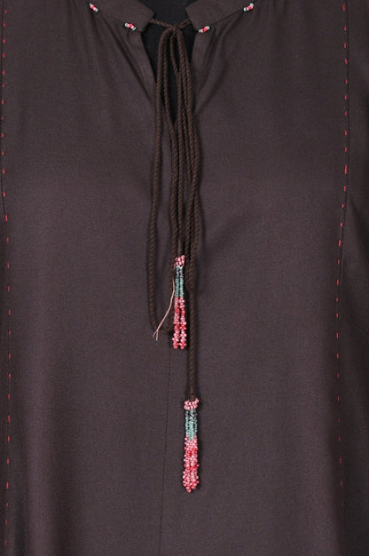 Brown Thread Embroidered Straight Winter Kurta with Pants Co-ord Set