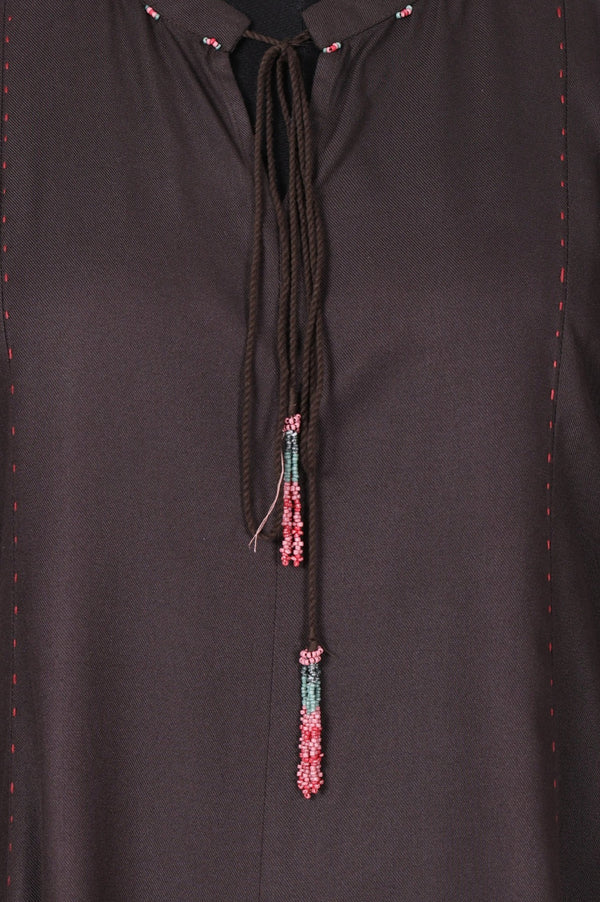 Brown Thread Embroidered Straight Winter Kurta with Pants Co-ord Set