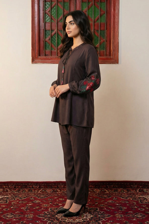 Brown Thread Embroidered Straight Winter Kurta with Pants Co-ord Set