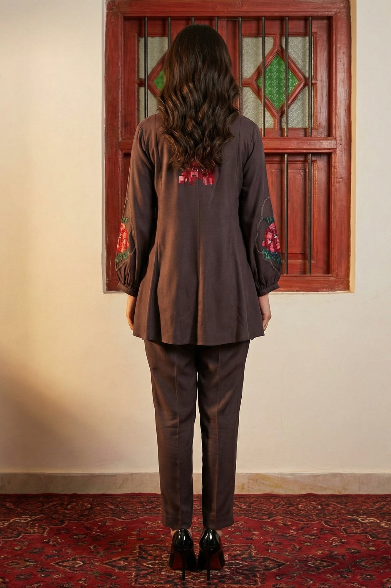 Brown Thread Embroidered Straight Winter Kurta with Pants Co-ord Set