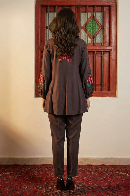 Brown Thread Embroidered Straight Winter Kurta with Pants Co-ord Set