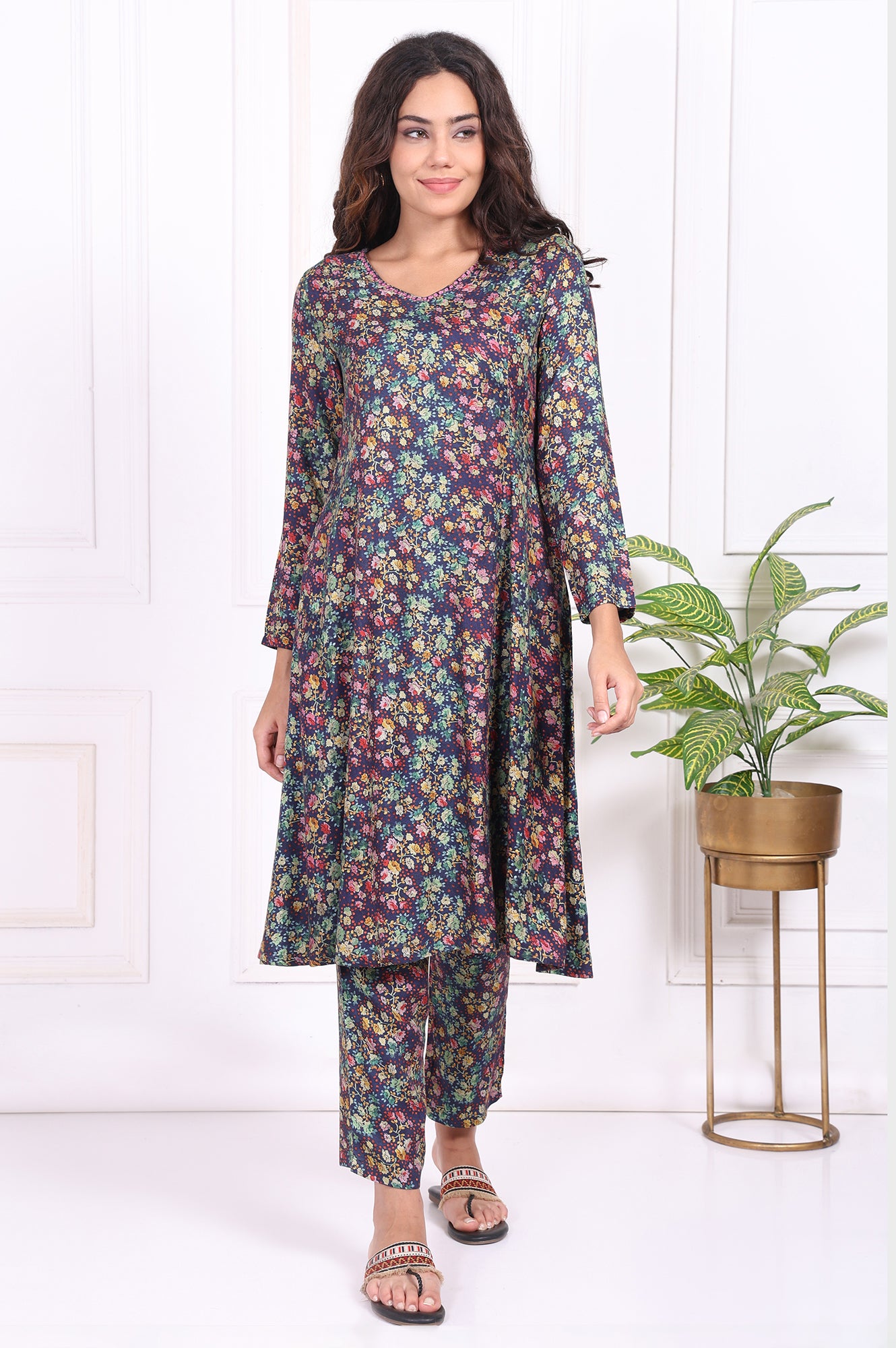 Multicolor Floral Printed Straight Rayon Kurta and Straight Pant Set