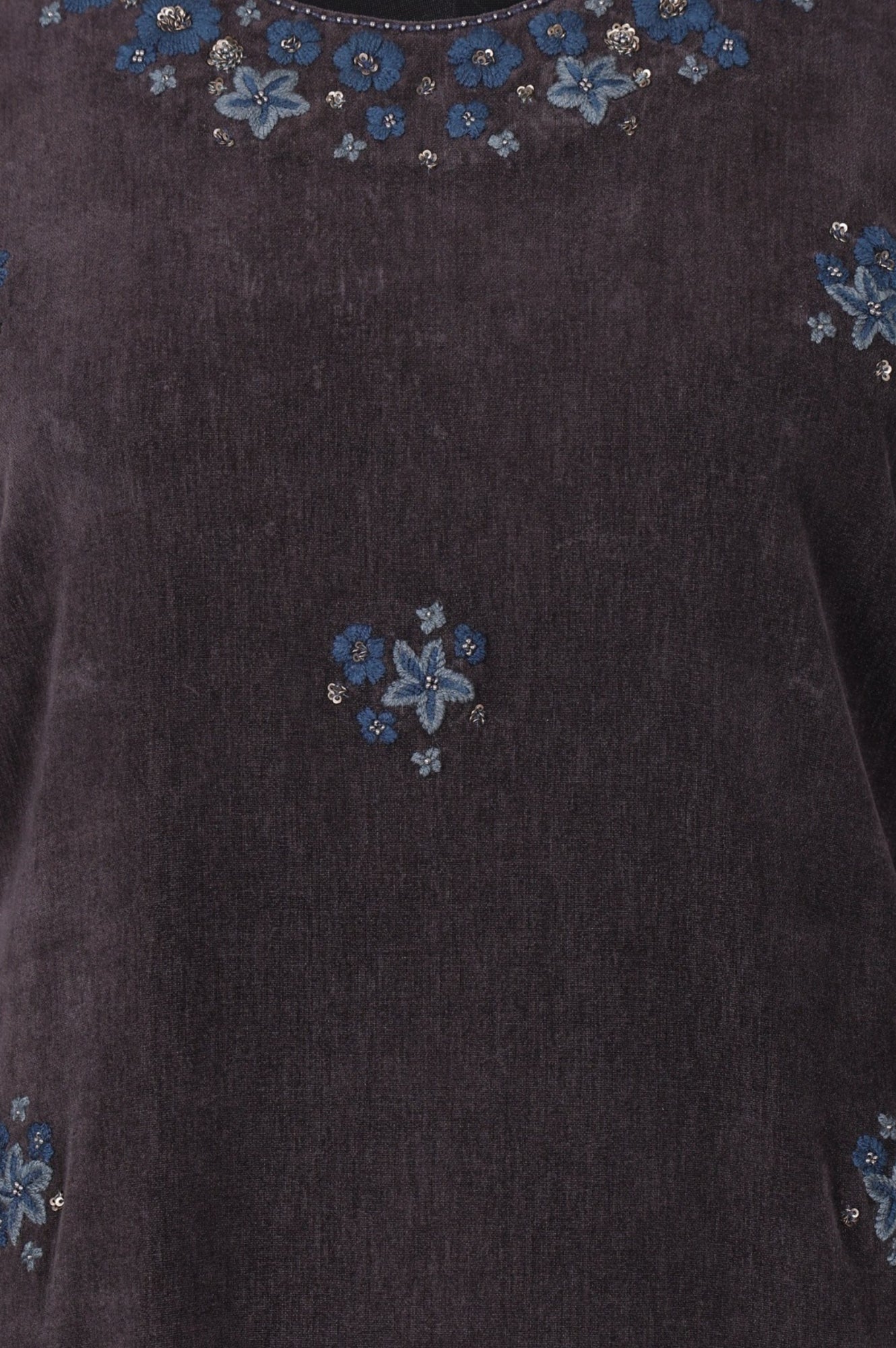 Charcoal Thread Embroidered Straight Velvet Kurta with Pants and Dupatta Set