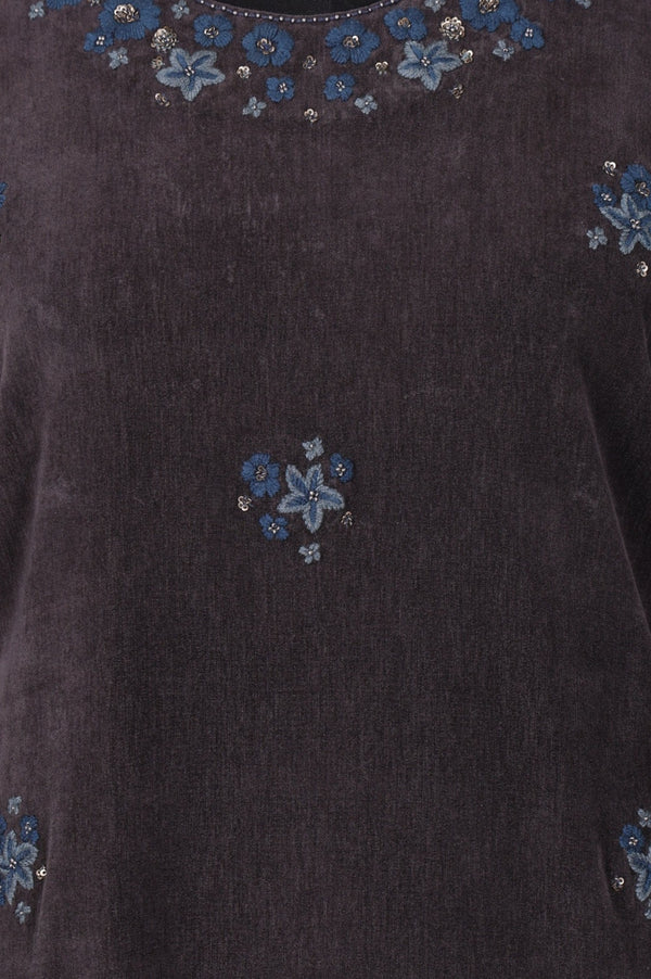 Charcoal Thread Embroidered Straight Velvet Kurta with Pants and Dupatta Set