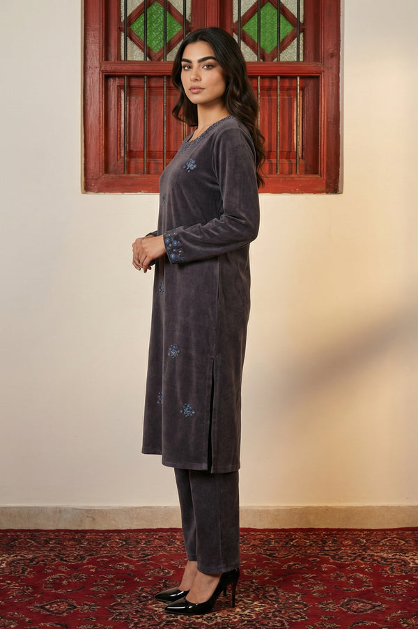 Charcoal Thread Embroidered Straight Velvet Kurta with Pants and Dupatta Set