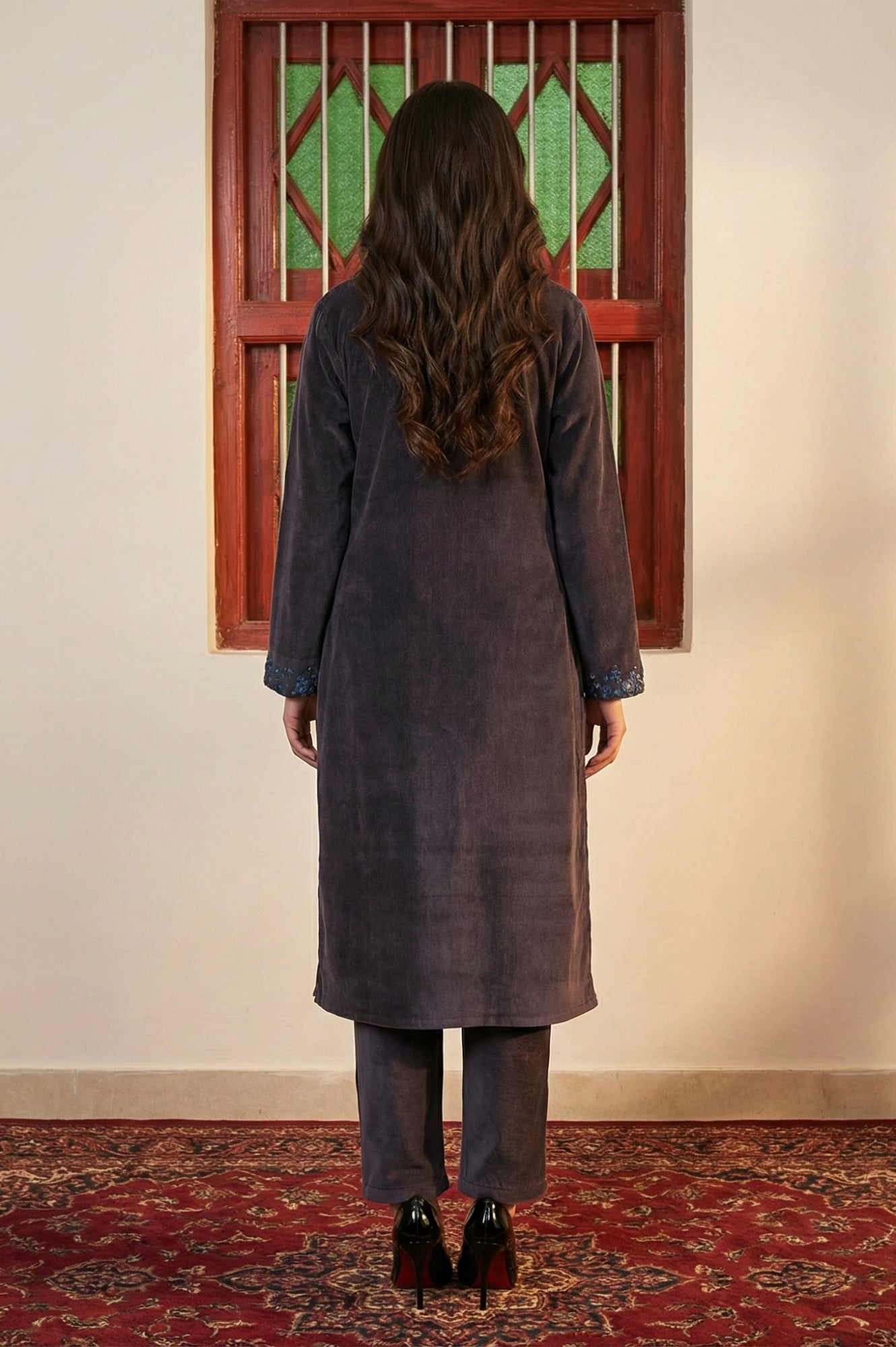 Charcoal Thread Embroidered Straight Velvet Kurta with Pants and Dupatta Set