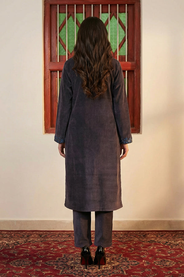 Charcoal Thread Embroidered Straight Velvet Kurta with Pants and Dupatta Set