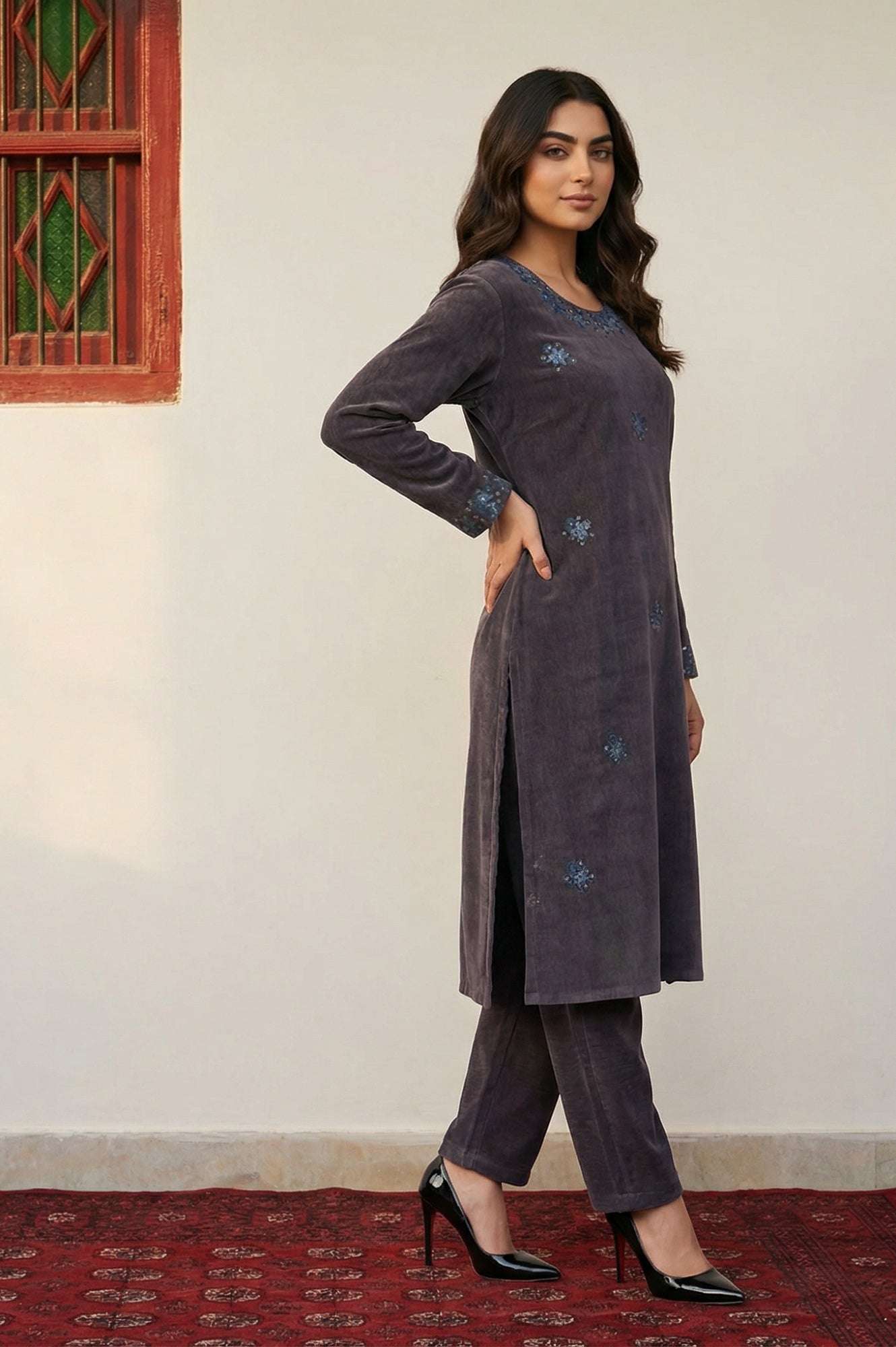 Charcoal Thread Embroidered Straight Velvet Kurta with Pants and Dupatta Set