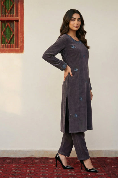 Charcoal Thread Embroidered Straight Velvet Kurta with Pants and Dupatta Set