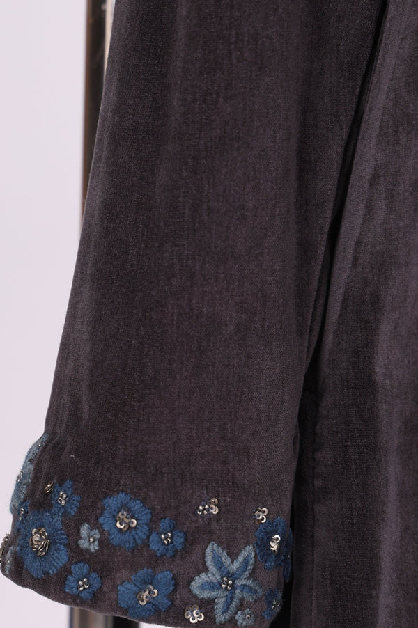 Charcoal Thread Embroidered Straight Velvet Kurta with Pants and Dupatta Set