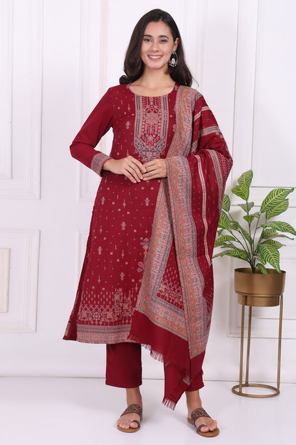 Maroon Ethnic Motifs Printed Straight Kurta, Straight Pants and Dupatta Set