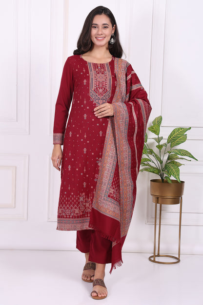 Maroon Ethnic Motifs Printed Straight Kurta, Straight Pants and Dupatta Set