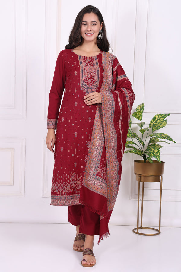 Maroon Ethnic Motifs Printed Straight Kurta, Straight Pants and Dupatta Set
