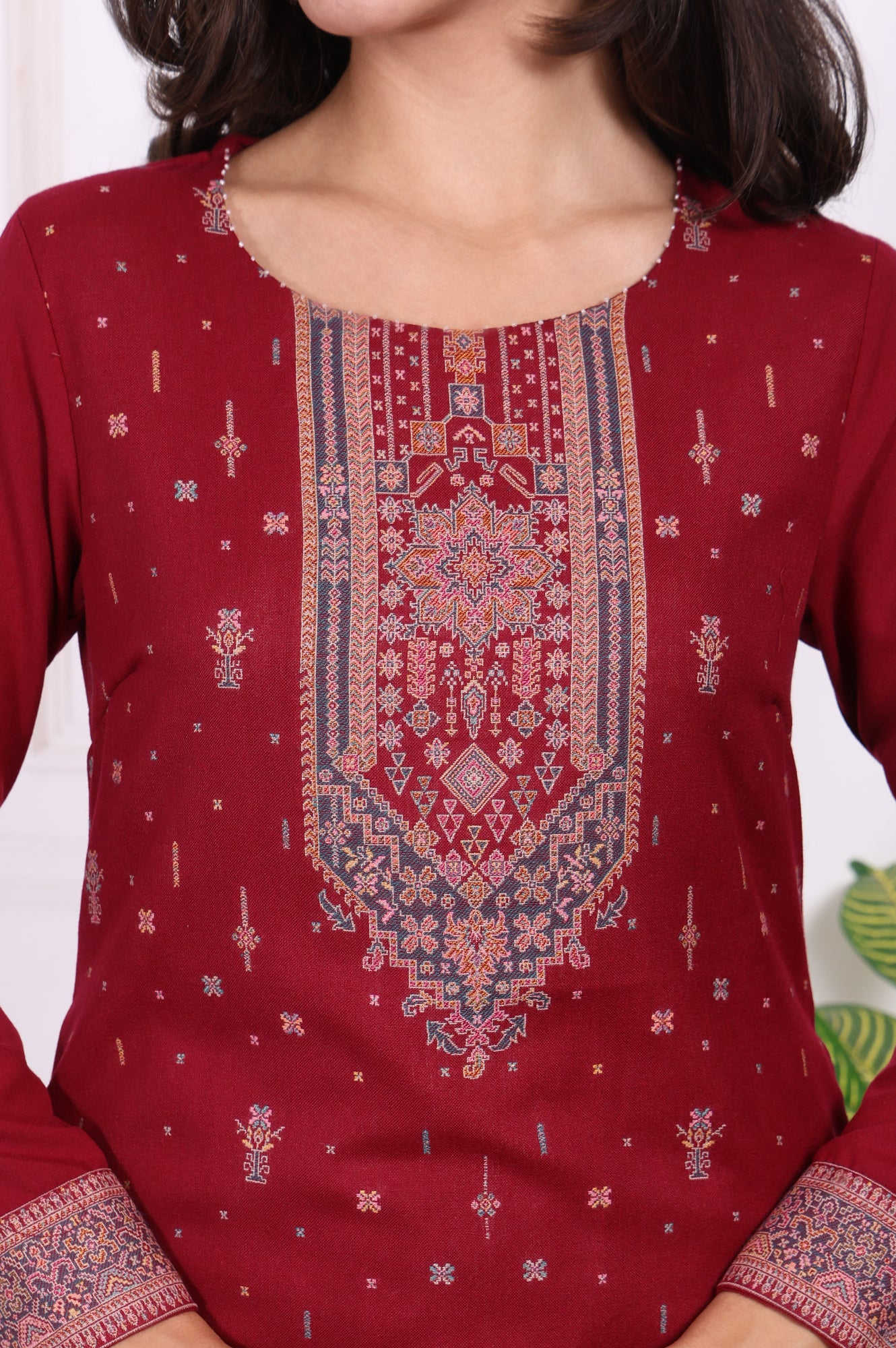 Maroon Ethnic Motifs Printed Straight Kurta, Straight Pants and Dupatta Set