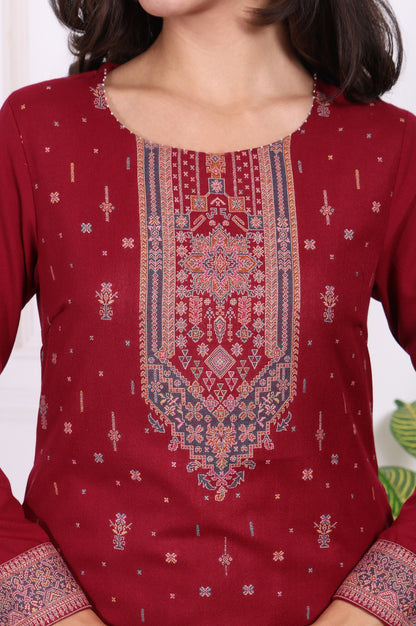 Maroon Ethnic Motifs Printed Straight Kurta, Straight Pants and Dupatta Set