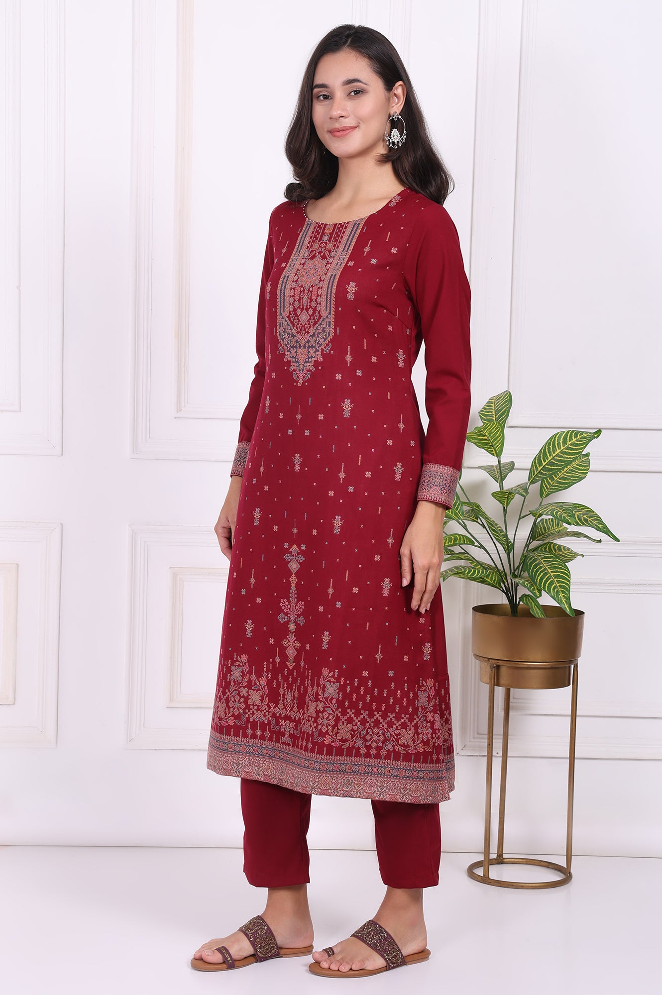 Maroon Ethnic Motifs Printed Straight Kurta, Straight Pants and Dupatta Set