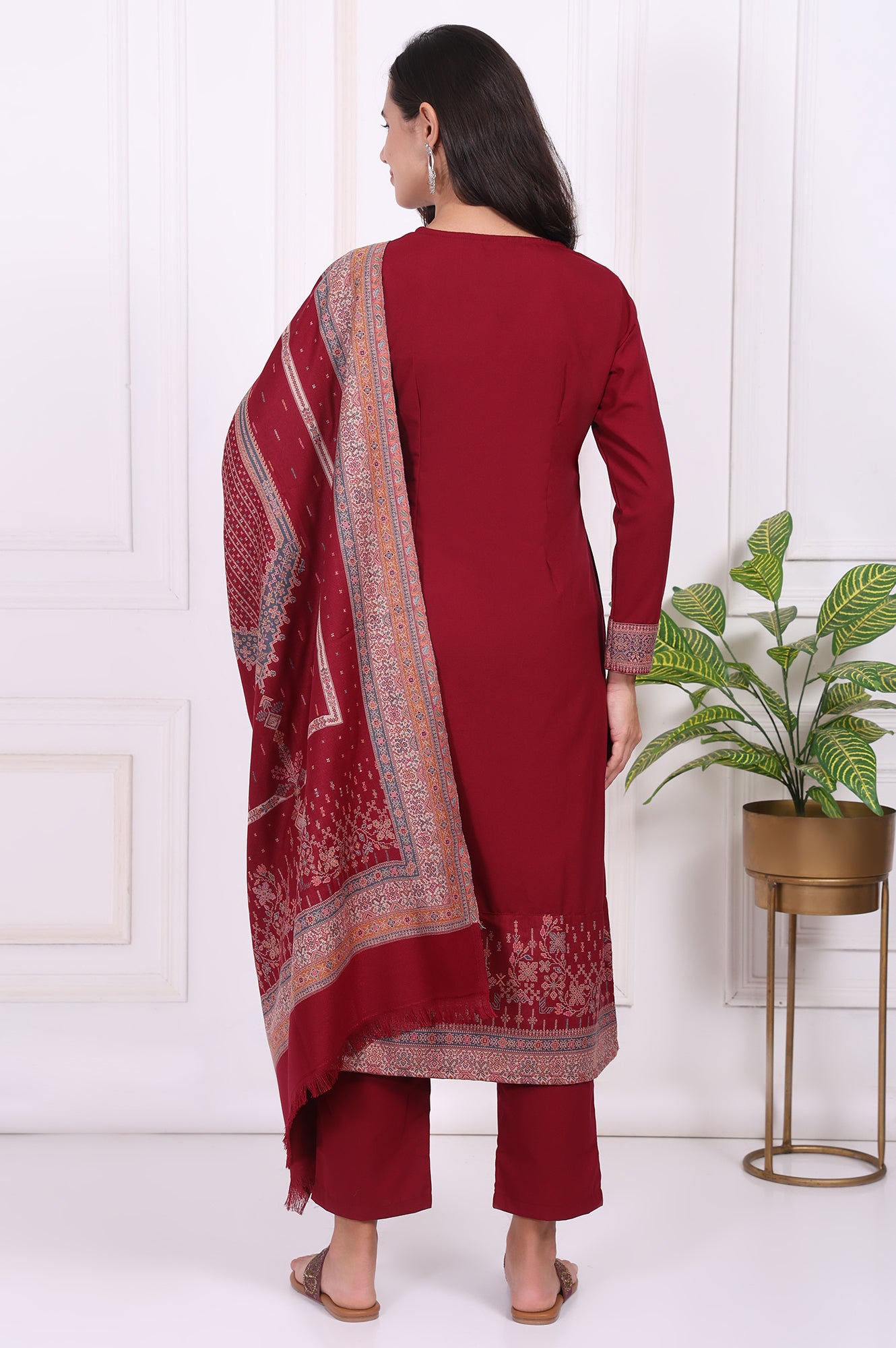 Maroon Ethnic Motifs Printed Straight Kurta, Straight Pants and Dupatta Set