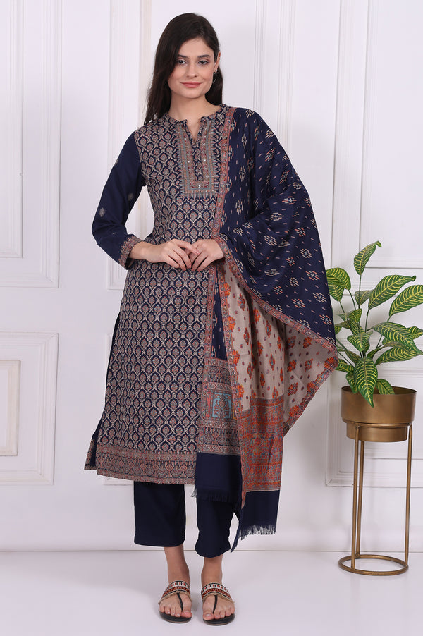 Navy Blue Ethnic Motifs Printed Straight Kurta, Pants and Dupatta Set