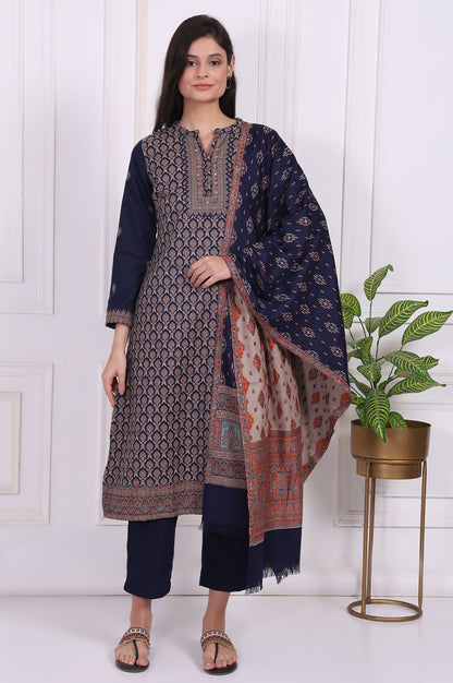 Navy Blue Ethnic Motifs Printed Straight Kurta, Pants and Dupatta Set