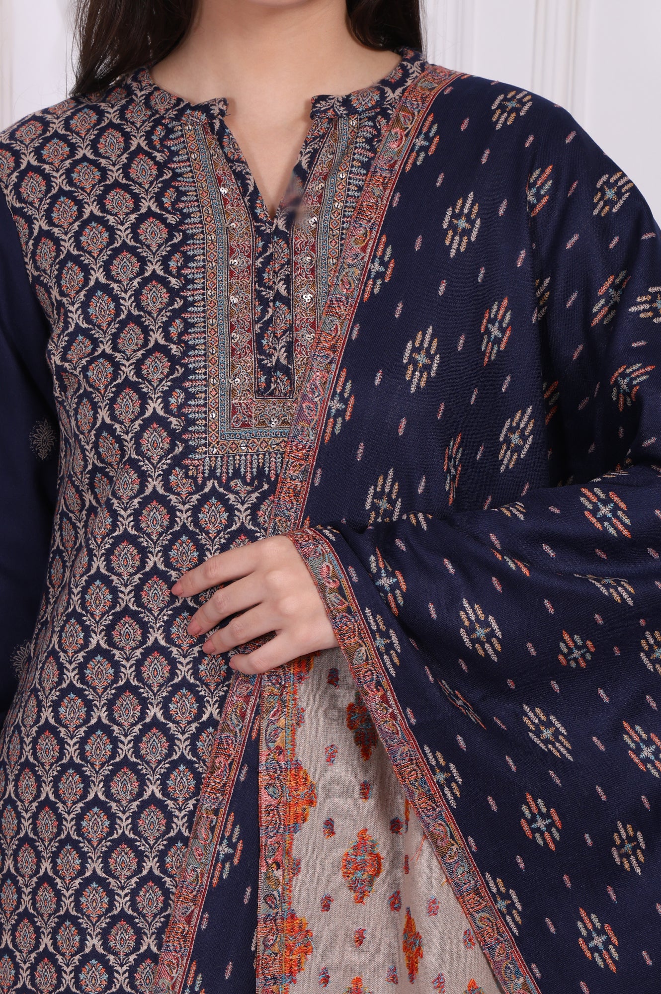 Navy Blue Ethnic Motifs Printed Straight Kurta, Pants and Dupatta Set