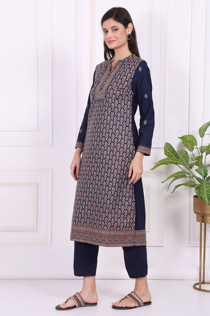 Navy Blue Ethnic Motifs Printed Straight Kurta, Pants and Dupatta Set