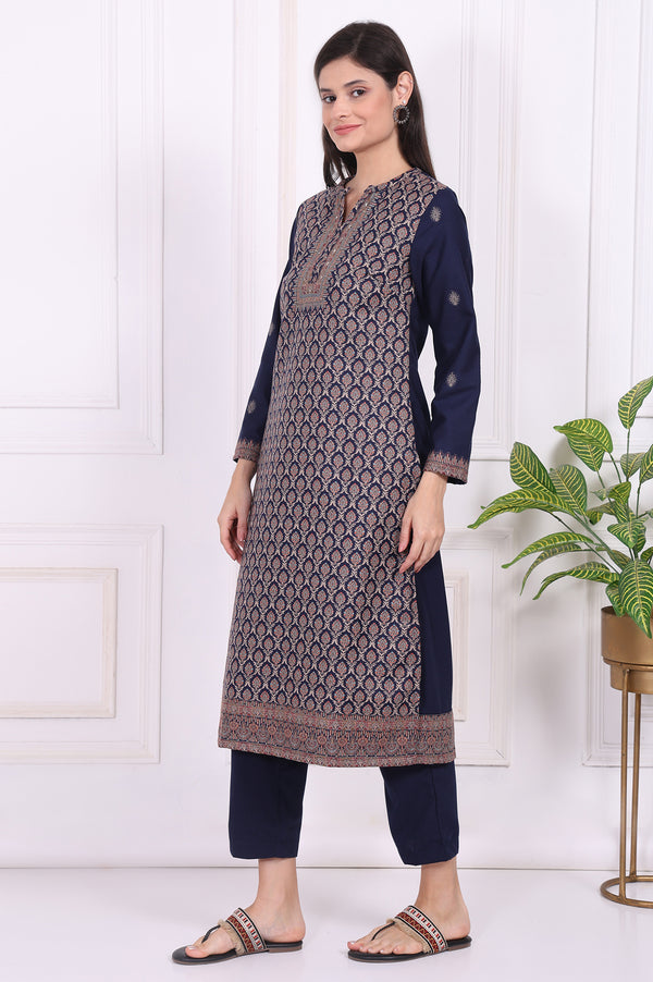 Navy Blue Ethnic Motifs Printed Straight Kurta, Pants and Dupatta Set